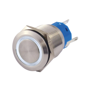 INTERRUTTORE A PULSANTE IN METALLO 19MM 3 CONTATTI N.O., LED 12V ANELLO LUMINOSO BIANCO IP67