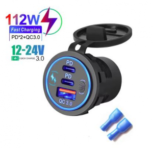 TRIPLA PRESA USB 2XTYPE-C PD + USB/A 3.0 DA PANNELLO 12-24VDC 112W BLU CON TASTO ACCENSIONE