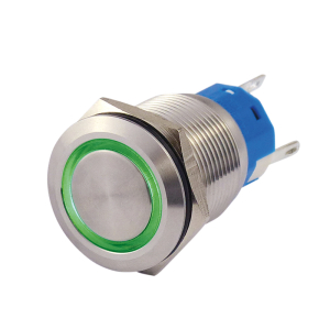 PULSANTE IN METALLO 19MM 3 CONTATTI N.C. LED 4V-12V ANELLO LUMINOSO VERDE IP67 250VAC 3A