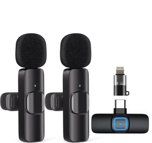 COPPIA MICROFONI LAVALIER WIRELESS 2.4GHz DISTANZA 20MT RICARICABILE USB TYPE-C + LIGHTNING