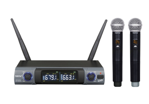 DOPPIO RADIOMICROFONO A GELATO IN VALIGETTA PORTATA 30MT UHF 48 CANALI POWER BY USB KARMA