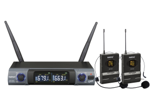 DOPPIO RADIOMICROFONO AD ARCHETTO IN VALIGETTA PORTATA 30MT UHF 48 CANALI POWER BY USB KARMA