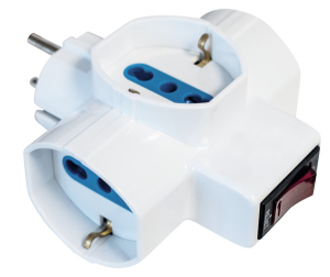 ADATTATORE TRIPLA PRESA BIPASSO+SCHUKO SPINA SCHUKO INTERUTTORE 220VAC 16A 3500W BIANCO