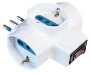 ADATTATORE TRIPLA PRESA BIPASSO+SCHUKO SPINA 16A INTERUTTORE 220VAC 16A 3500W BIANCO
