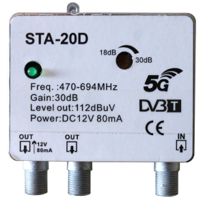 AMPLIFICATORE DA PALO PER ANTENNA TV 5G -112dBuV 1 IN 2 OUT UHF 30dB UHF 470-694MHz