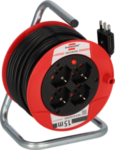 PROLUNGA AVVOLGICAVO 15mt SPINA 16A 4 PRESE BIPASSO+SCHUKO 220VAC MAX 3500W ROSSO/NERO