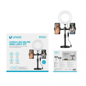 LAMPADA RING ANELLO SELFIE 6" 360° ASTA 39-49cm 3000K/4000K/6500K 2 SLOT SMARTPHONE 5VDC