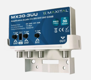 AMPLIFICATORE DA PALO TELEALIMENTATO 3 IN 2xUHF B III 30db 1 OUT MAX 114dB FILTRO 5G MAXITAL
