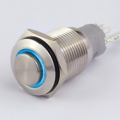INTERRUTTORE IN METALLO 16 MM 3 CONTATTI, LED 12 V ANELLO LUMINOSO BLU IP 67